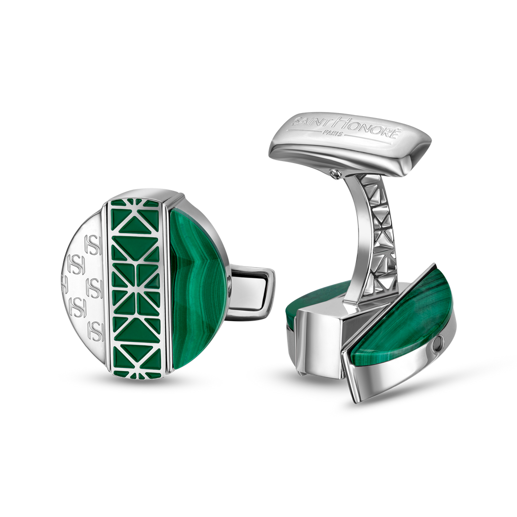Saint Honoré Champ de Mars men's silver cufflinks with malachite green geometric detailing and signature monogram