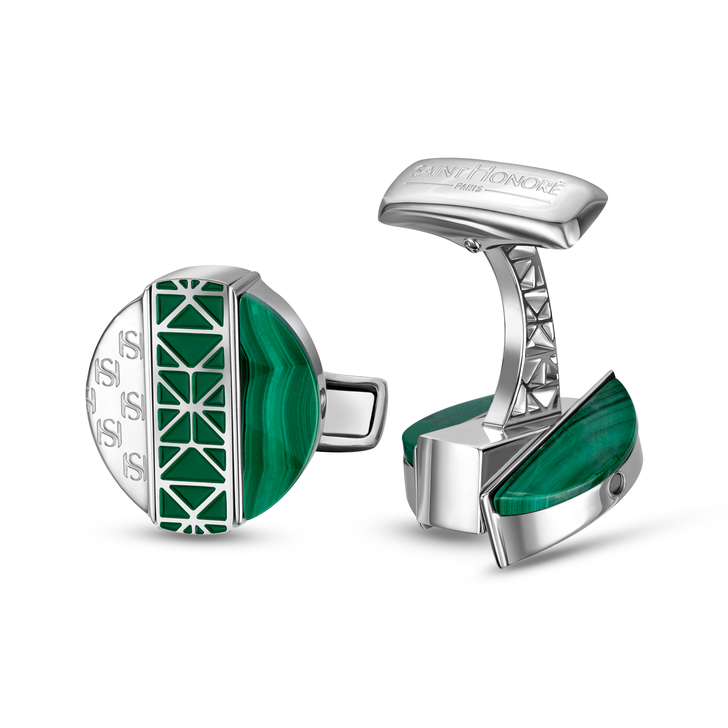 Saint Honoré Champ de Mars men's silver cufflinks with malachite green geometric detailing and signature monogram
