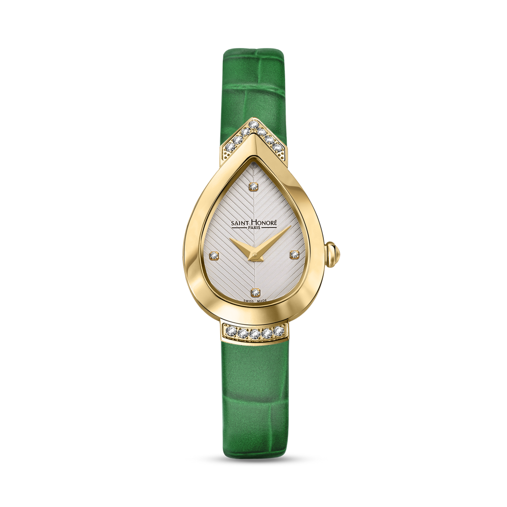 Saint Honoré Paris gold diamond watch with white dial and green strap luxury watch Paris Gallery Qatar Find Online Today