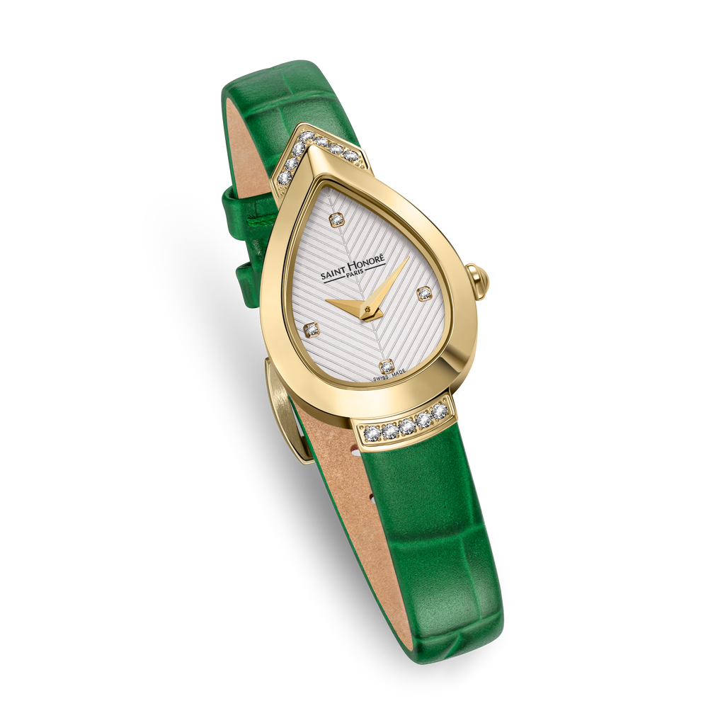 Saint Honoré Paris gold diamond watch with white dial and green strap luxury watch Paris Gallery Qatar Find Online Today