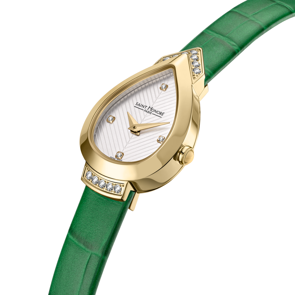 Saint Honoré Paris gold diamond watch with white dial and green strap luxury watch Paris Gallery Qatar Find Online Today