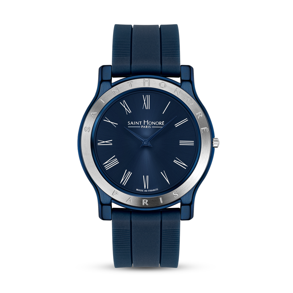 Saint Honoré men's blue watch with Roman numeral dial, stainless steel engraved bezel and blue silicone strap