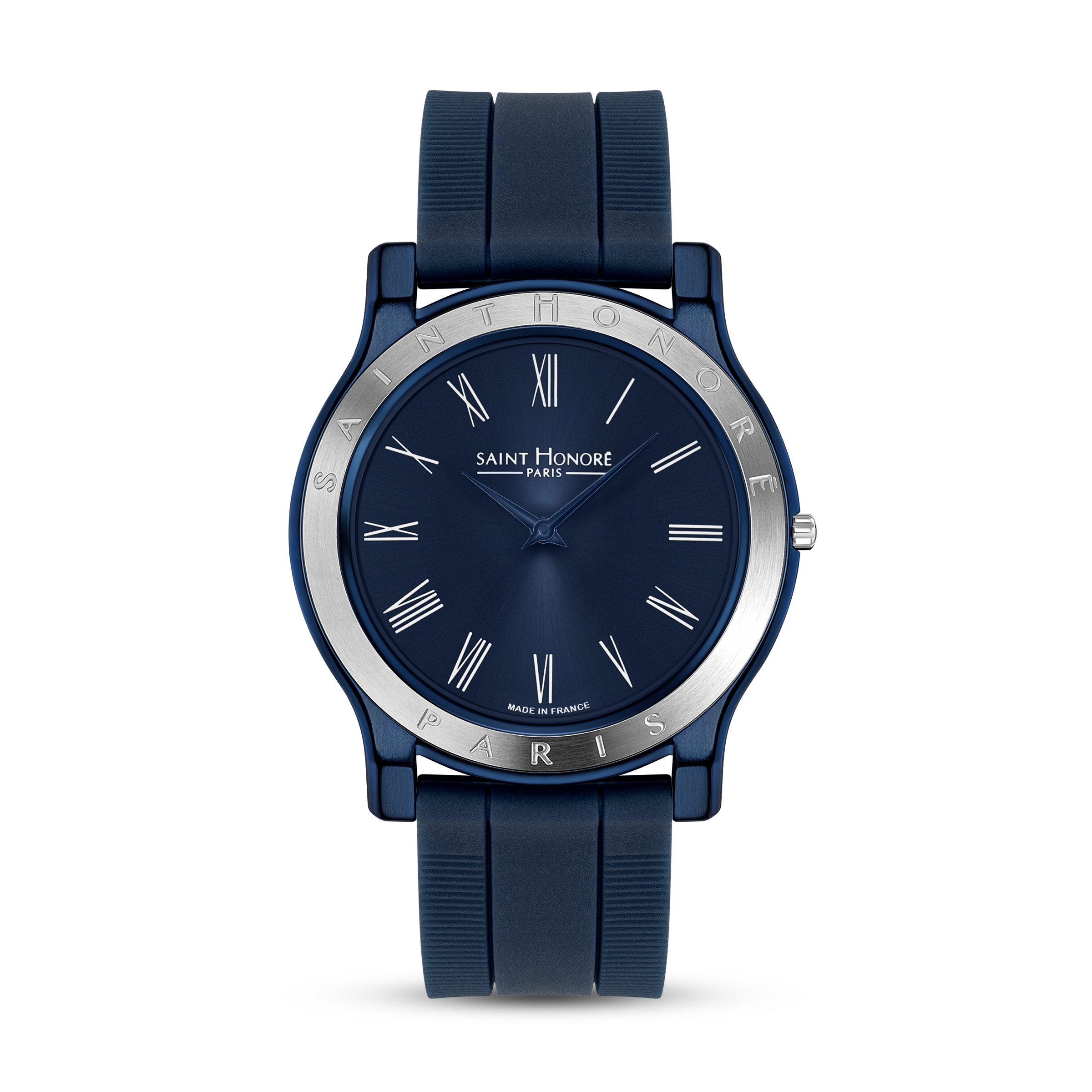 Saint Honoré men's blue watch with Roman numeral dial, stainless steel engraved bezel and blue silicone strap