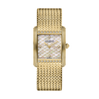 Saint Honoré women's 26mm gold-tone watch with white mother-of-pearl dial, diamond accents and textured mesh bracelet