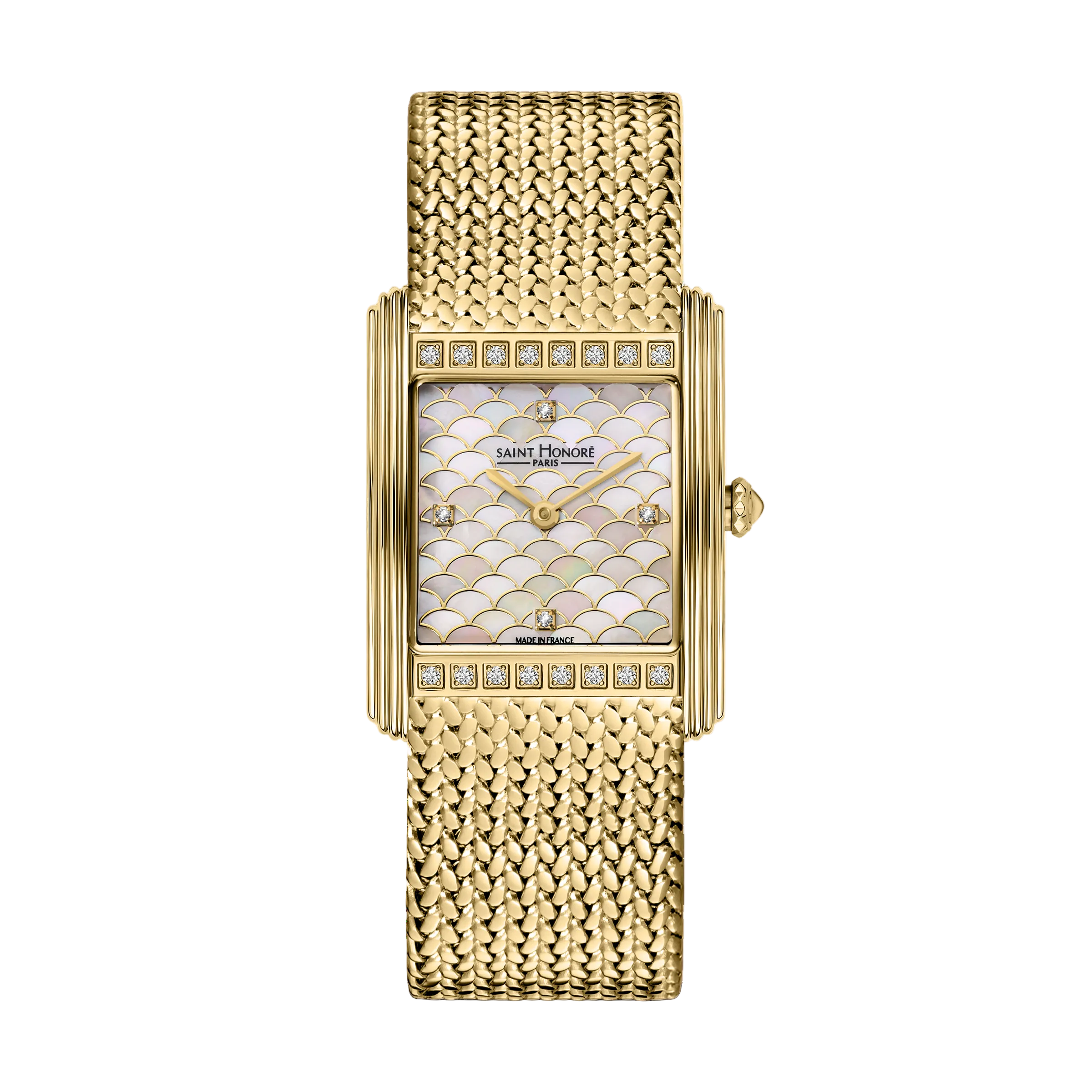 Saint Honoré women's 26mm gold-tone watch with white mother-of-pearl dial, diamond accents and textured mesh bracelet