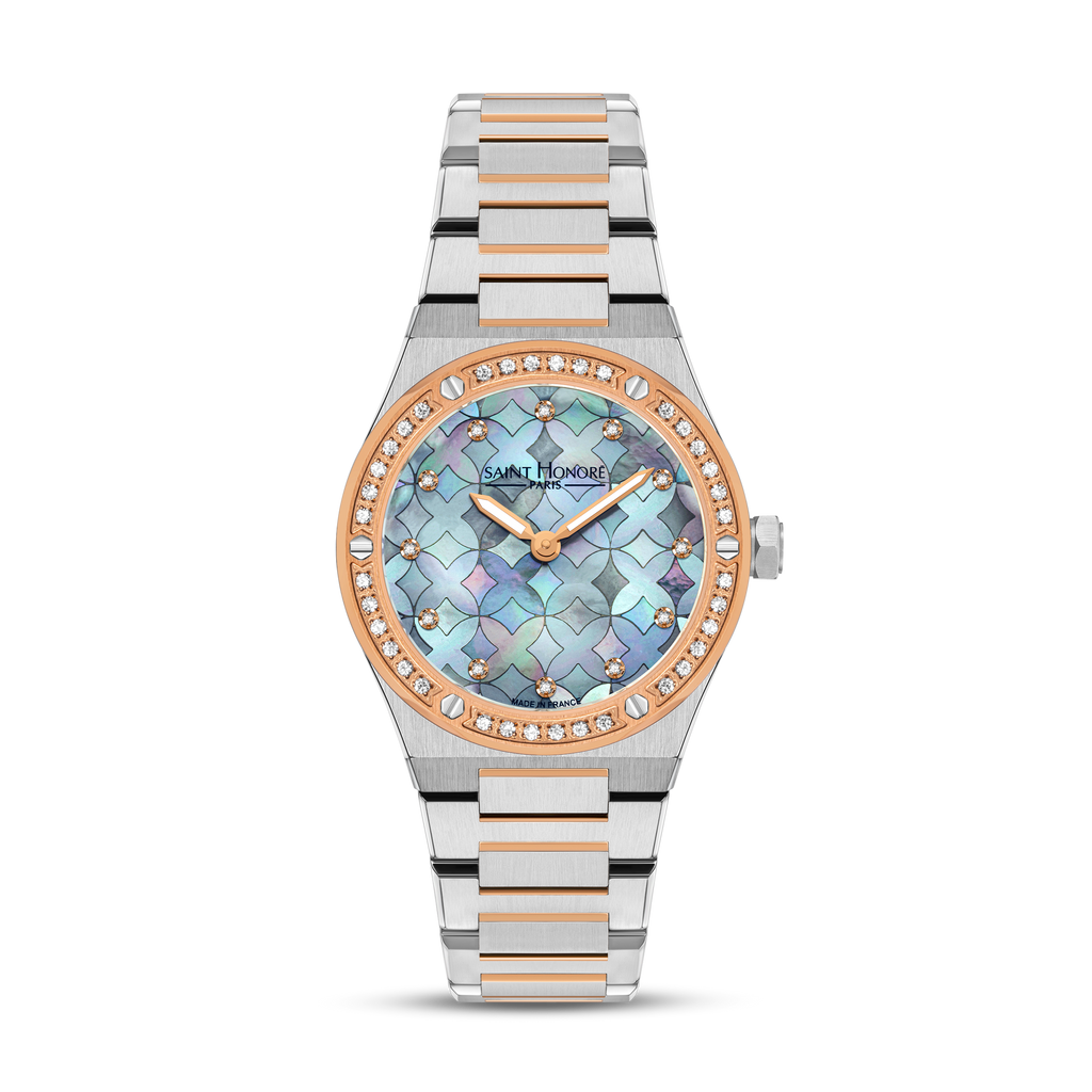 Saint Honoré women's 32mm two-tone watch with blue mother-of-pearl dial, diamond markers and rose gold-tone crystal bezel