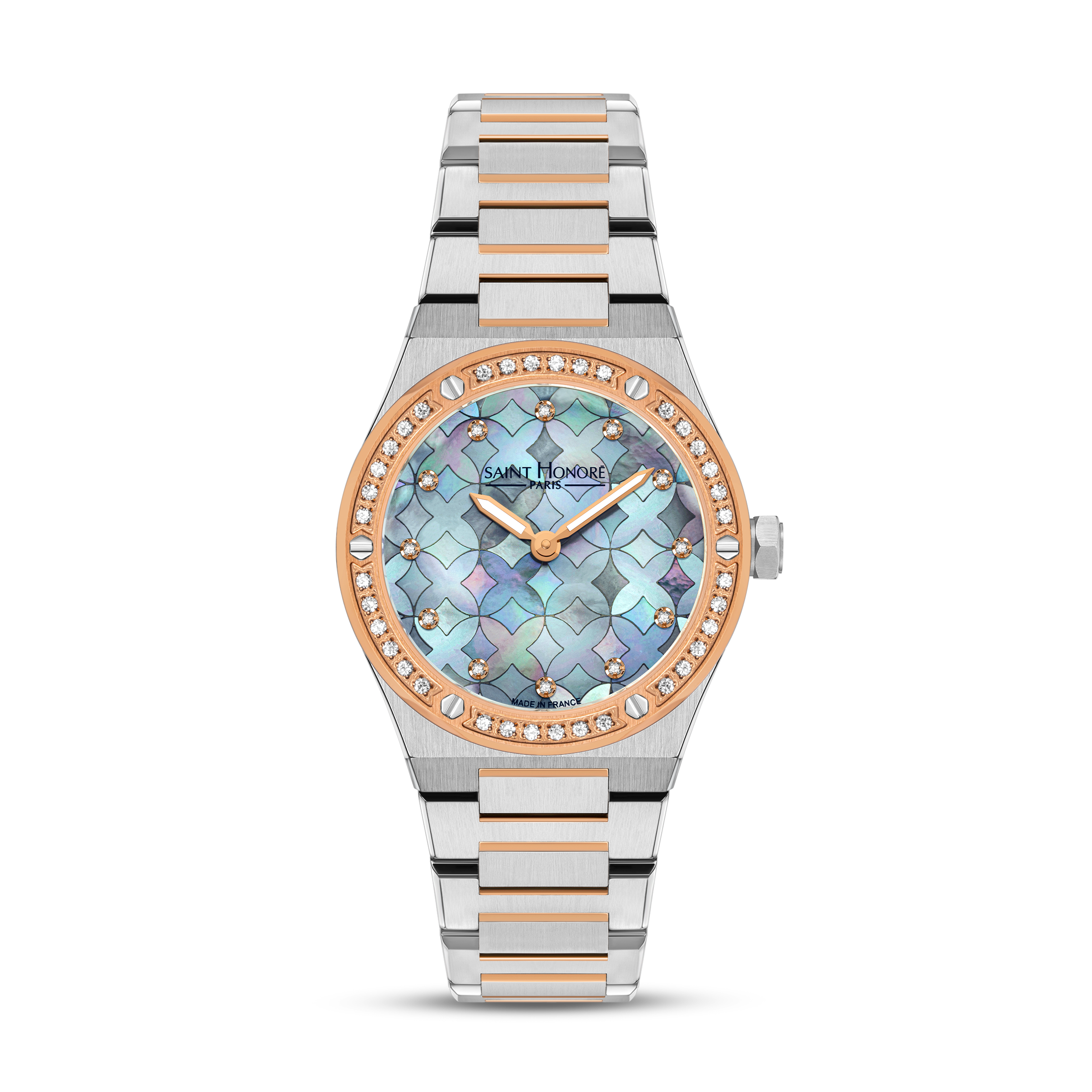 Saint Honoré women's 32mm two-tone watch with blue mother-of-pearl dial, diamond markers and rose gold-tone crystal bezel