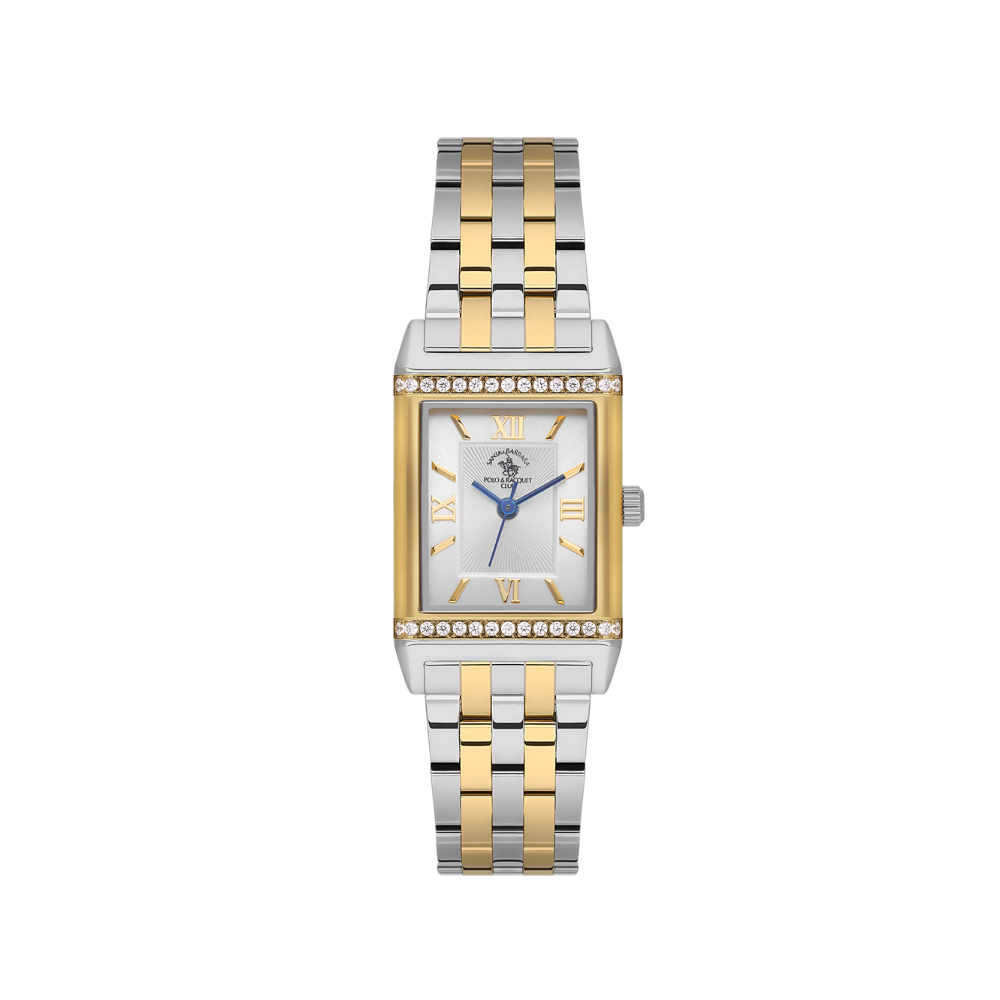 Santa Barbara Polo & Racquet Club women's watch with a rectangular gold-toned case, silver and gold-toned bracelet, and cryst