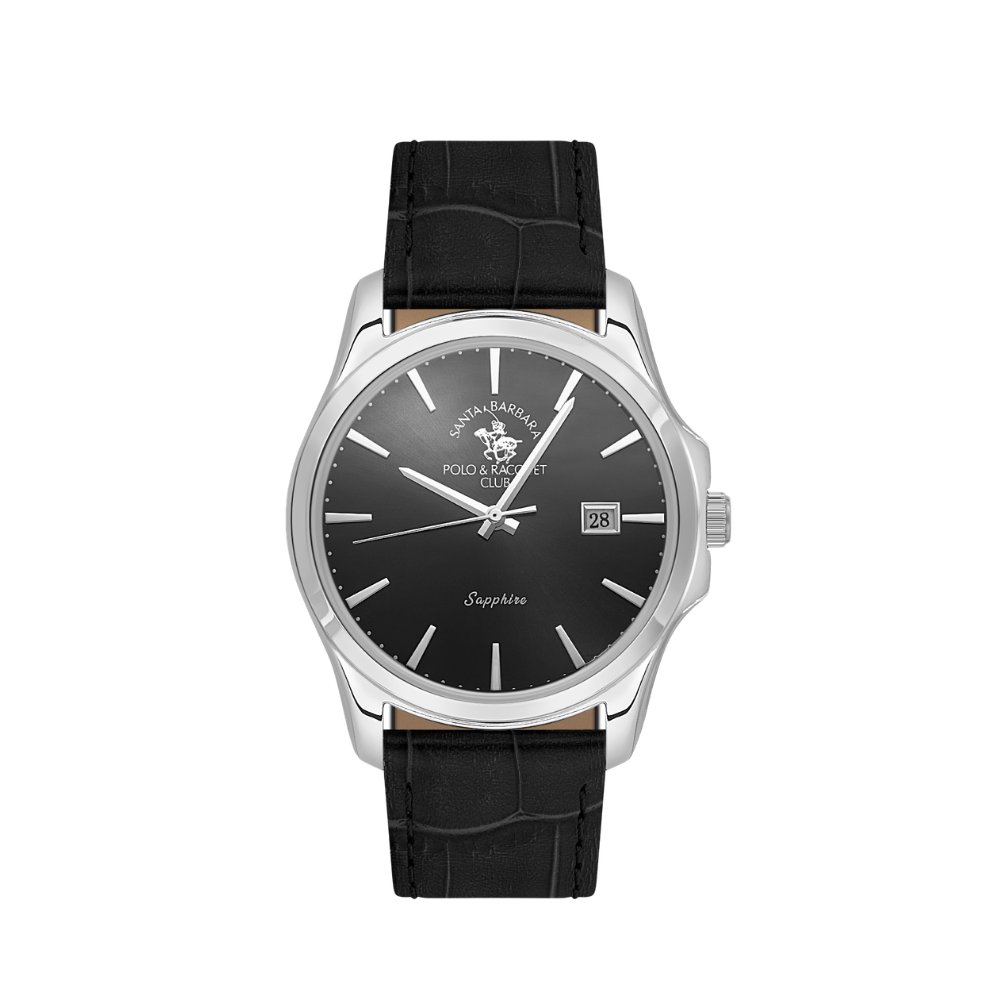 Santa Barbara Polo & Racquet Club men's black dial watch with silver-tone stainless steel case and black leather strap.