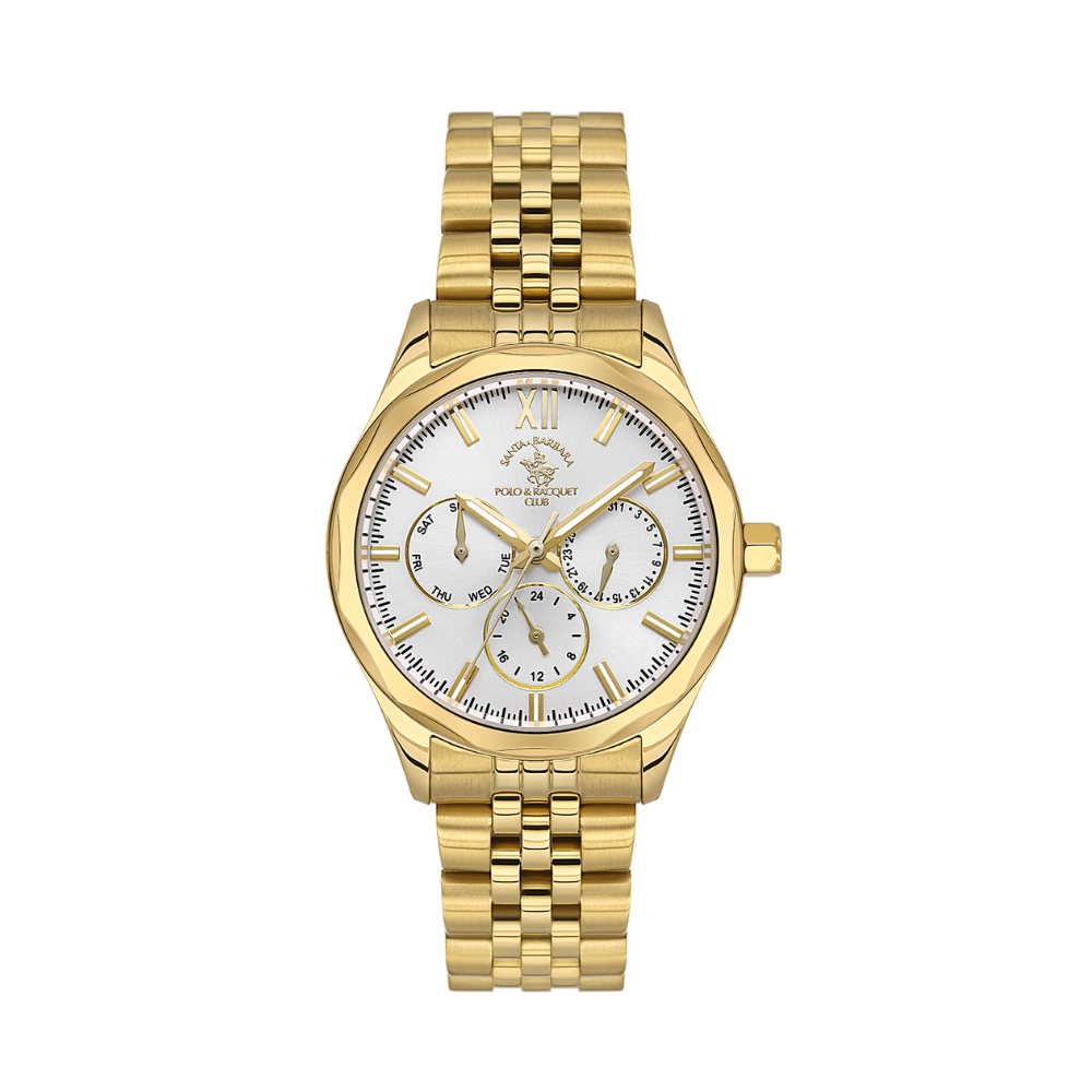 Santa Barbara Polo & Racquet Club men's gold-tone multifunction stainless steel watch with white dial and subdials.