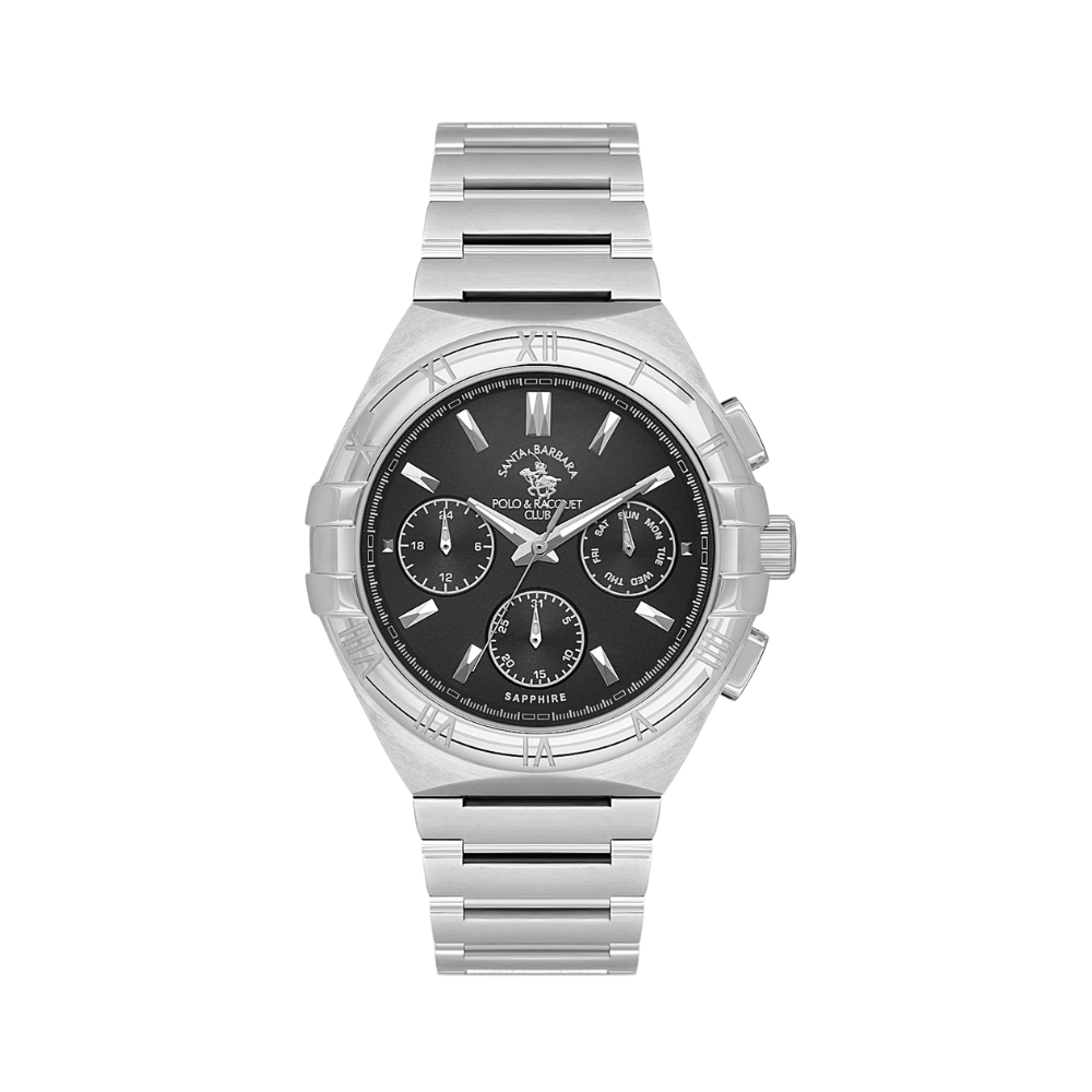 Santa Barbara Polo & Racquet Club men's silver stainless steel multifunction watch with black dial and integrated bracelet.