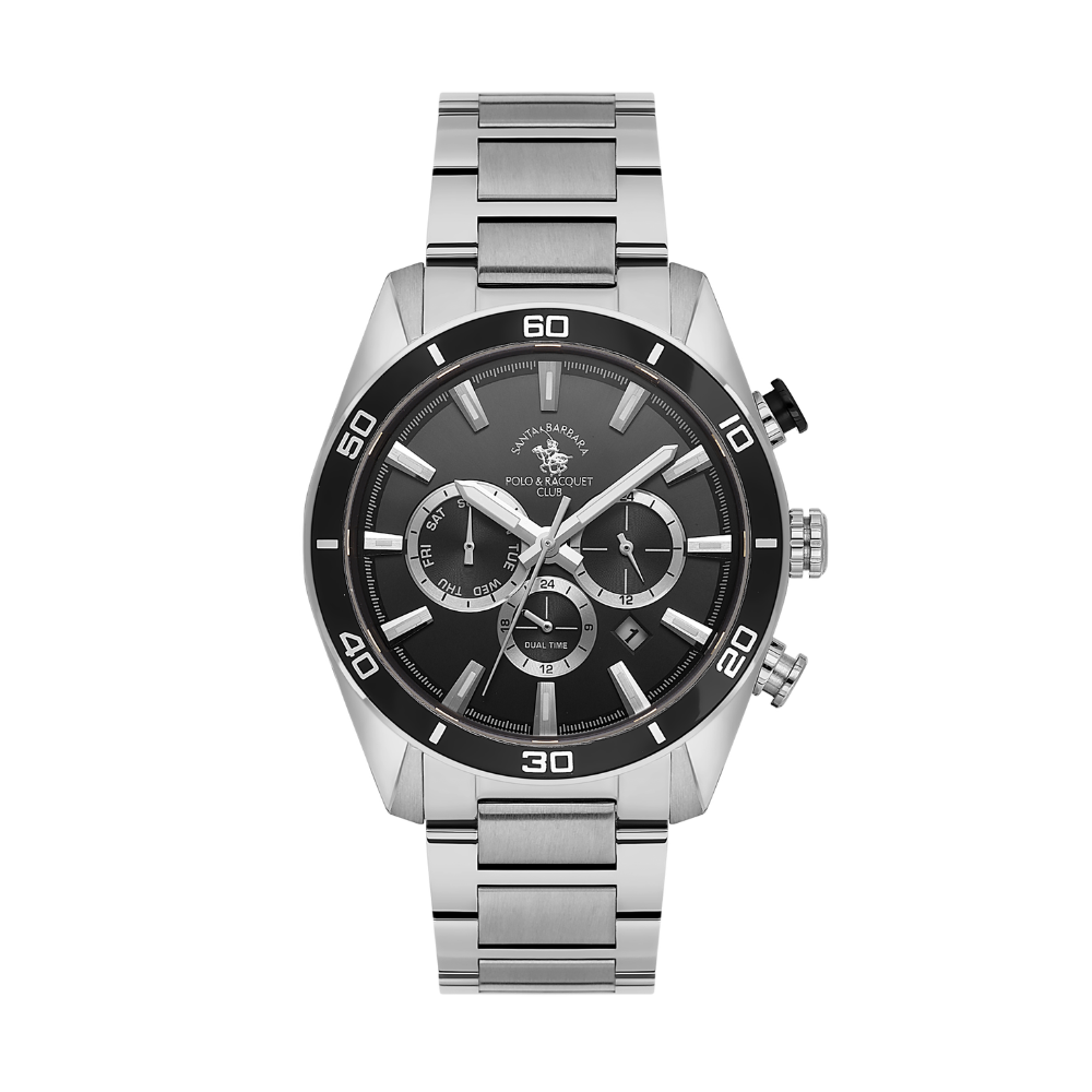 Santa Barbara Polo & Racquet Club men's silver stainless steel watch with black multifunction dial and black sport bezel.
