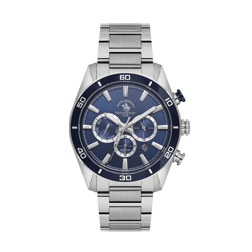 Santa Barbara Polo & Racquet Club men's silver stainless steel watch featuring a blue multifunction dial and blue sport bezel.