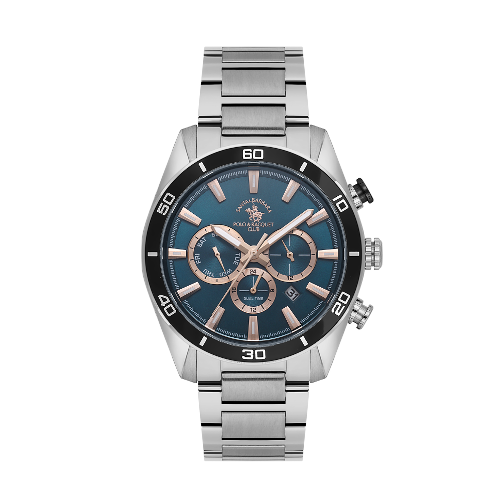 Santa Barbara Polo & Racquet Club men's silver stainless steel multifunction watch featuring a blue dial, rose gold-tone accents, and black bezel.
