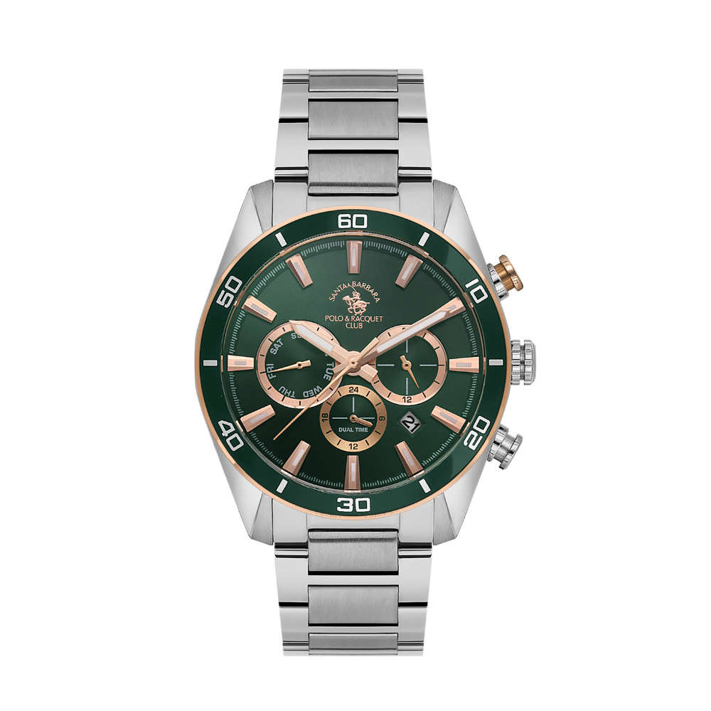 Santa Barbara Polo & Racquet Club men's silver stainless steel multifunction watch with deep green dial and rose gold-tone accents.