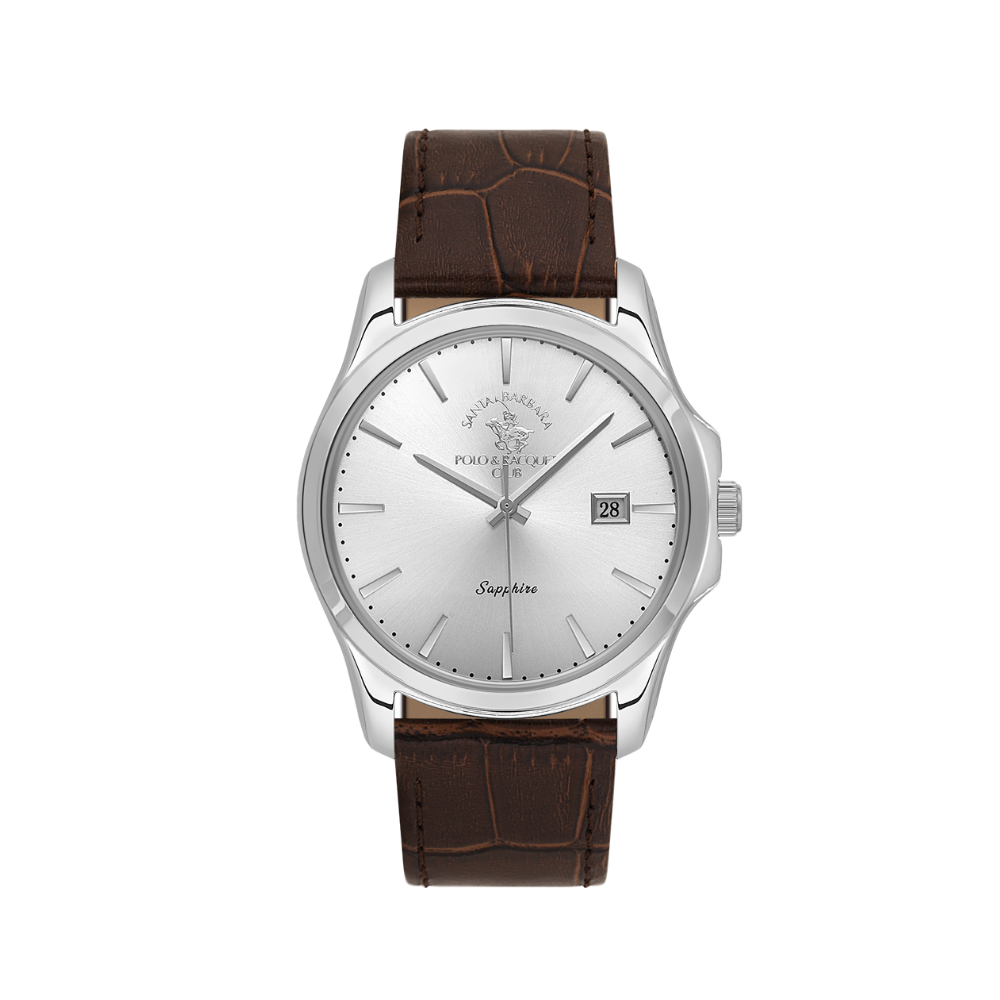 Santa Barbara Polo & Racquet Club men's silver dial watch featuring a silver-tone stainless steel case and brown leather strap.