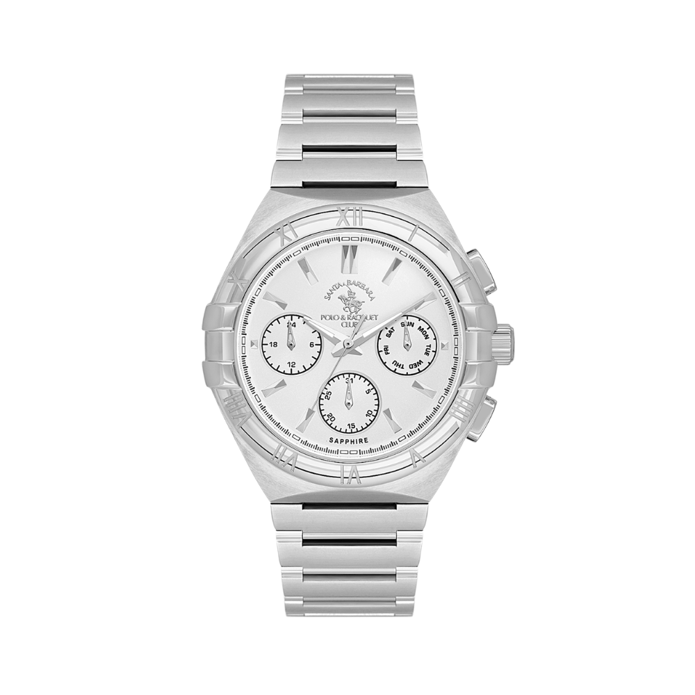 Santa Barbara Polo & Racquet Club men's silver multifunction watch with silver dial, stainless steel bracelet, and Roman numeral bezel accents.
