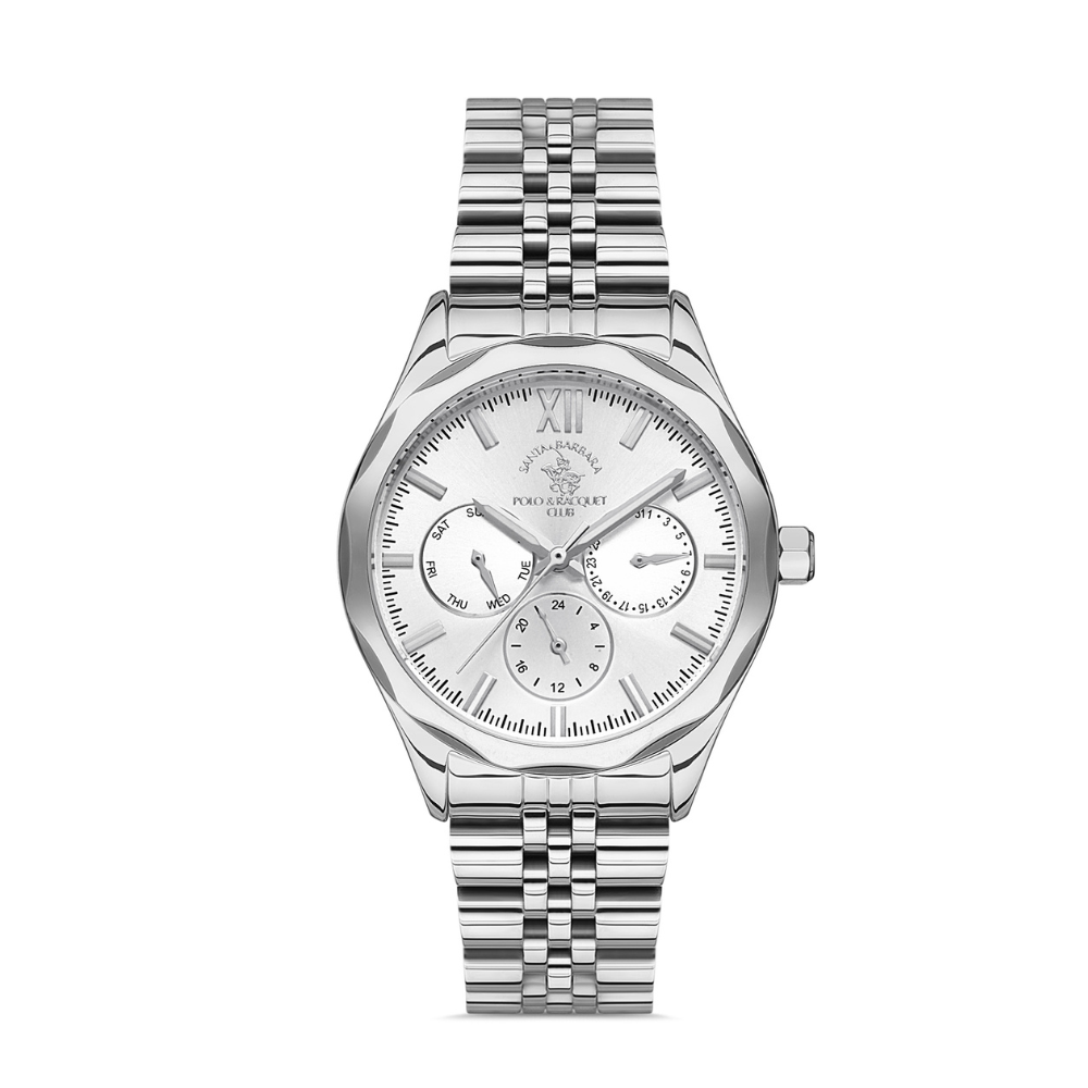 Santa Barbara Polo & Racquet Club men's silver multifunction stainless steel watch with day, date, and 24-hour subdials.