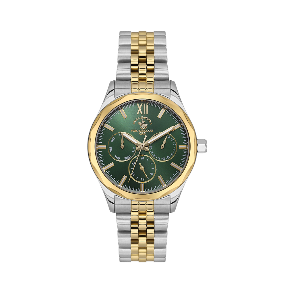 Santa Barbara Polo & Racquet Club men's two-tone stainless steel watch with dark green dial and multifunction subdials.