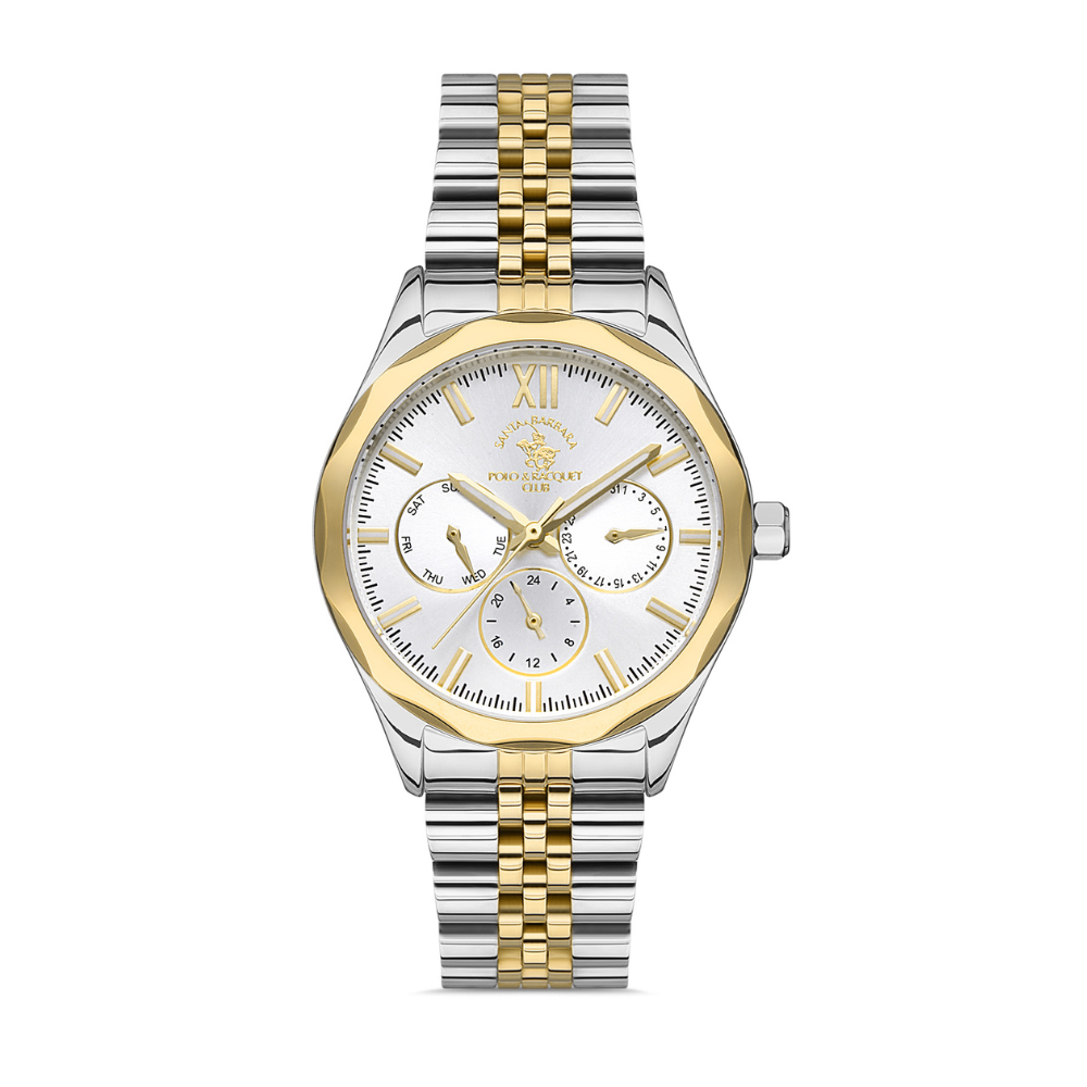 Santa Barbara Polo & Racquet Club men's two-tone silver and gold multifunction stainless steel watch with white dial.