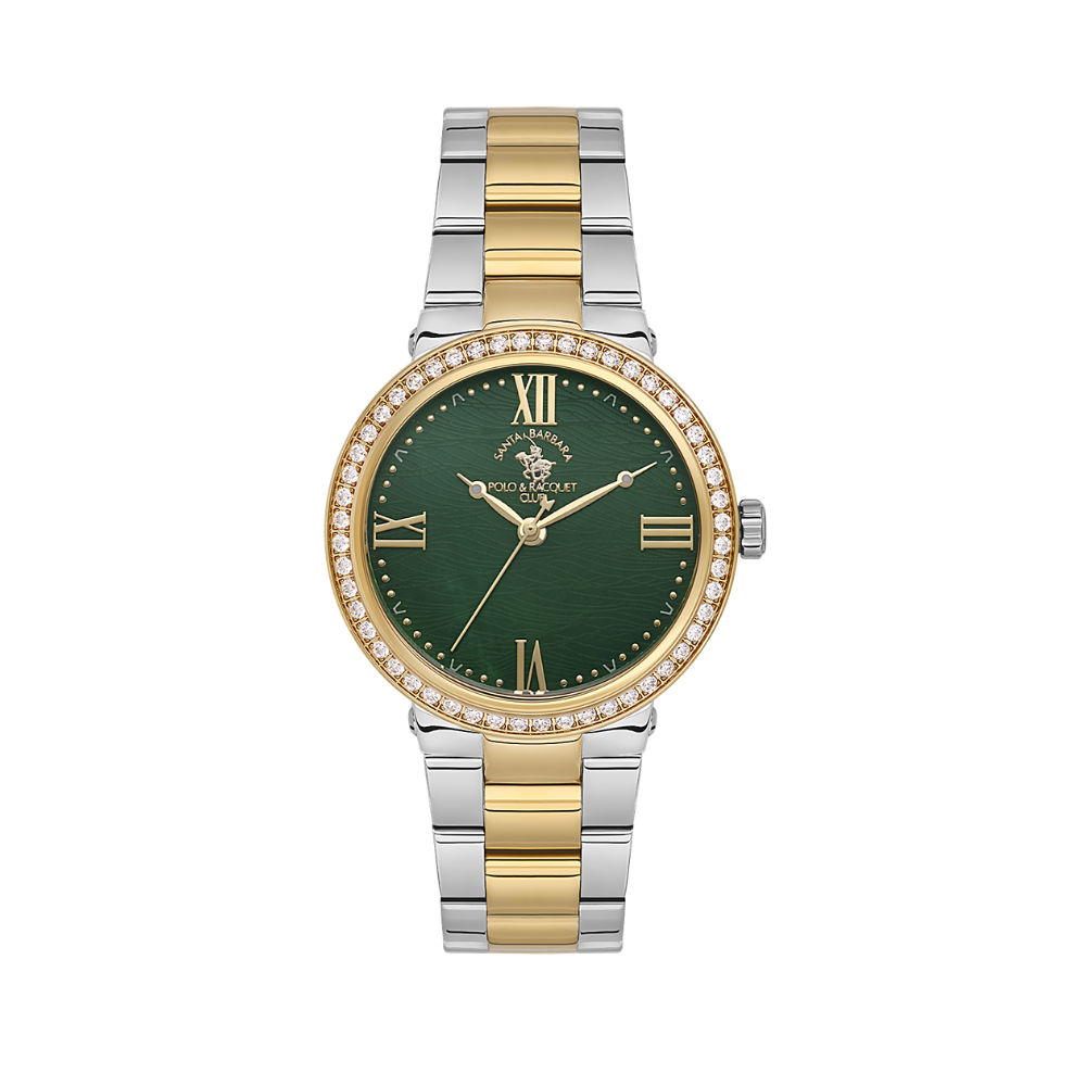 Santa Barbara Polo & Racquet Club women's watch featuring a green dial, crystal-set bezel, and two-tone stainless steel bracelet