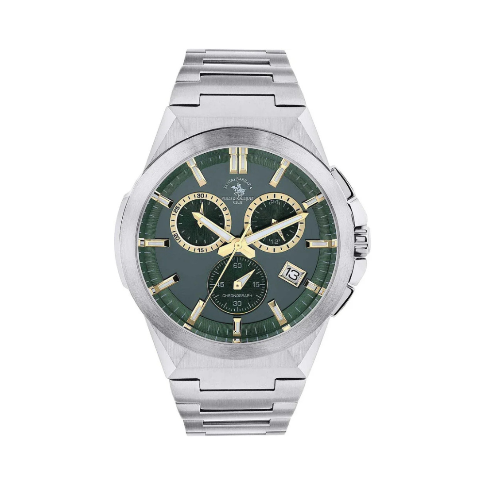 Santa Barbara Polo & Racquet Club men's chronograph watch with a brushed silver-toned case and bracelet, and a dark green dia