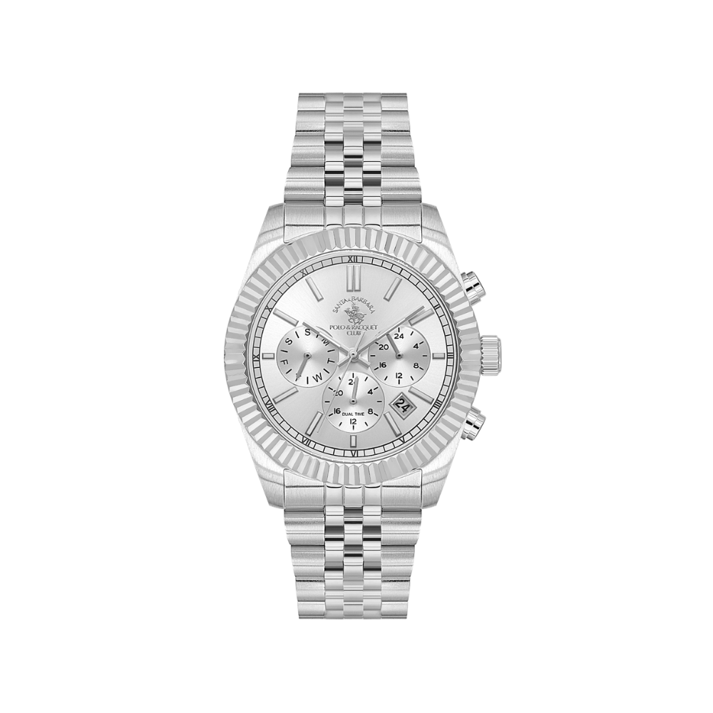Santa Barbara Polo & Racquet Club men's silver-toned chronograph watch with a fluted bezel and metal link bracelet.