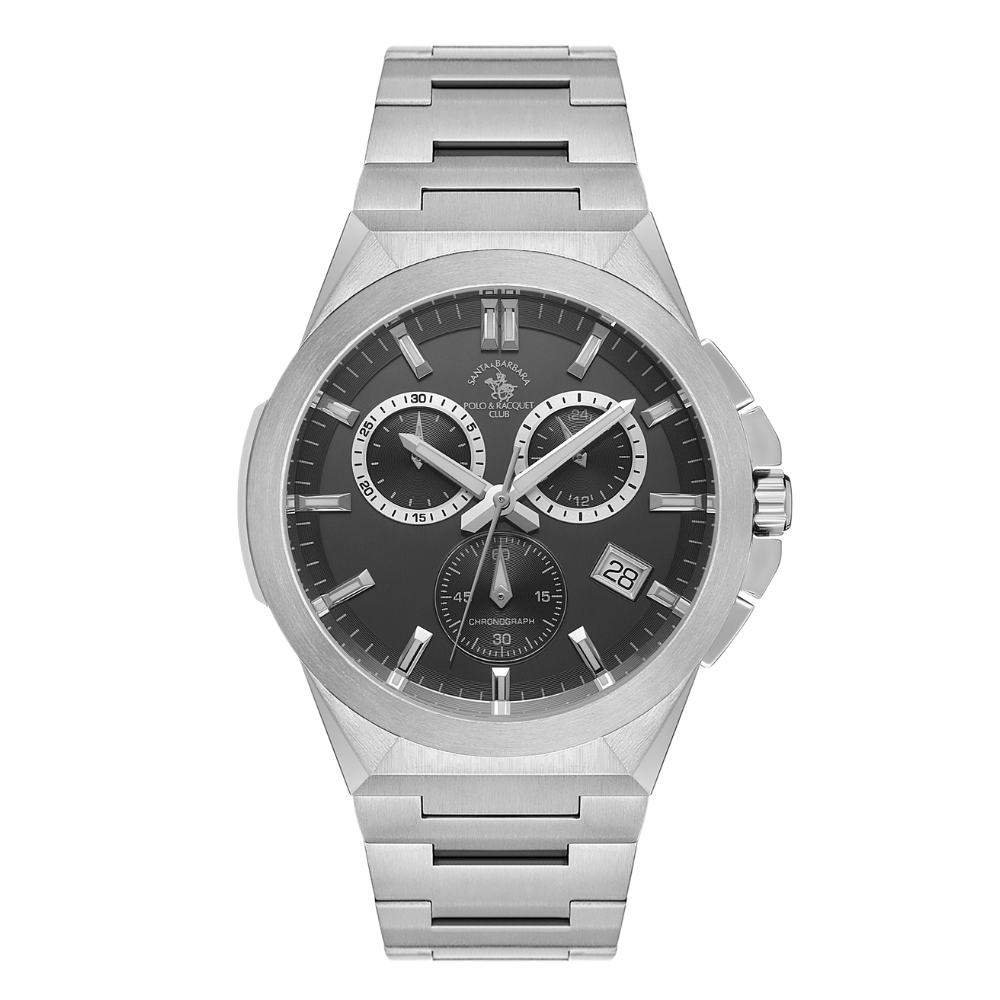 Santa Barbara Polo & Racquet Club men's watch with a gunmetal grey dial, silver-toned case, and integrated silver-toned metal