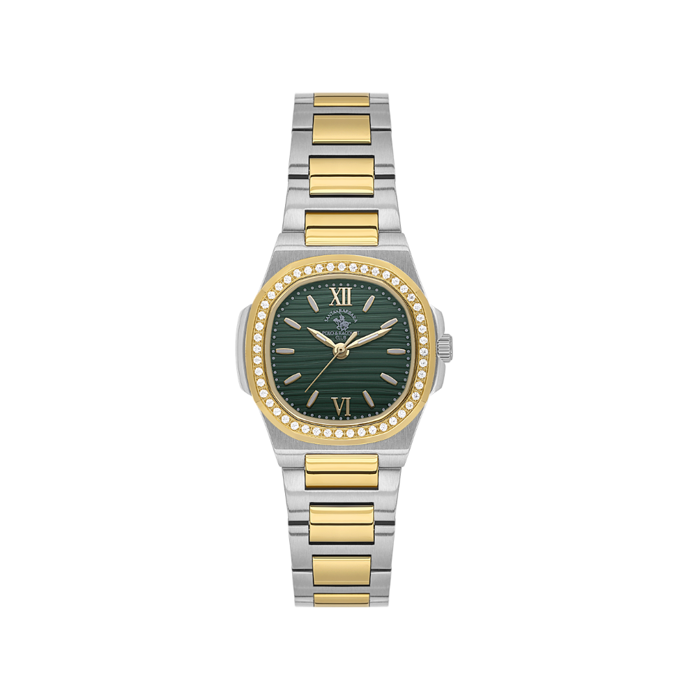 Santa Barbara Polo & Racquet Club two-toned metal watch with a dark green textured dial and an embellished gold-toned bezel.
