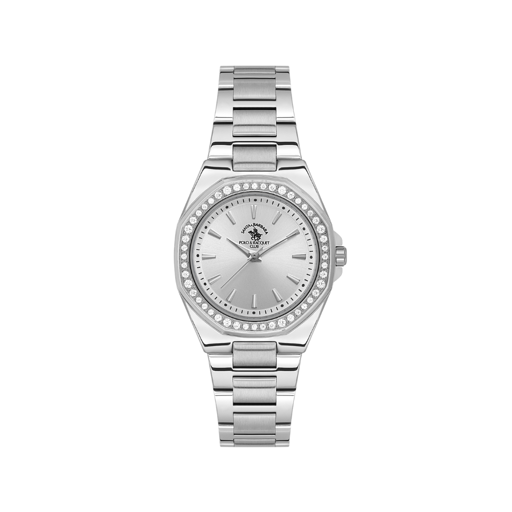 Santa Barbara Polo & Racquet Club women's watch with a silver-toned octagonal case, embellished bezel, and silver-toned link