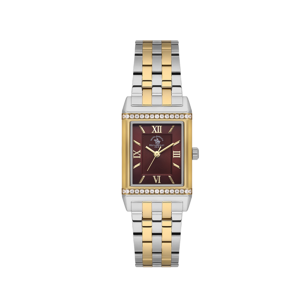 Santa Barbara Polo & Racquet Club women's watch with a rectangular gold-toned case, red dial, and two-tone silver and gold-to