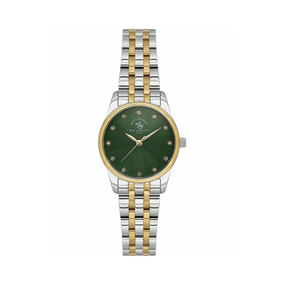 Santa Barbara Polo & Racquet Club women's watch with a round silver-toned case, gold-toned bezel, dark green textured dial wi