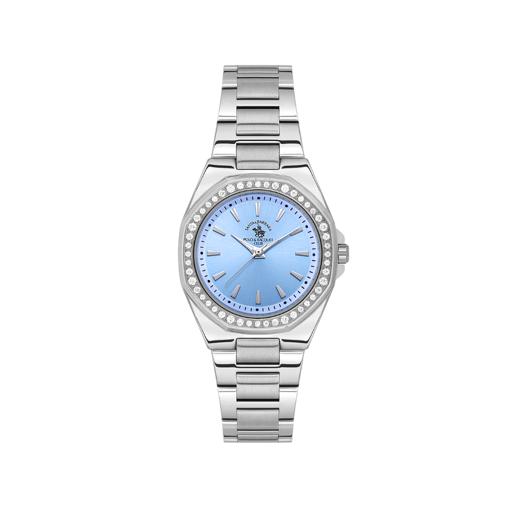 Santa Barbara Polo & Racquet Club women's watch with a silver-toned octagonal case, blue sunray dial, and crystal-set bezel o