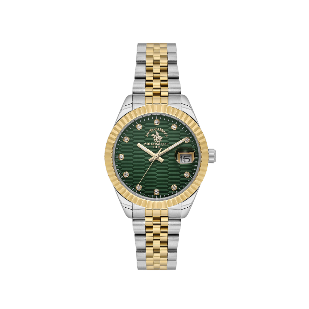 Santa Barbara Polo & Racquet Club women's watch with a two-tone silver and gold-toned metal bracelet, green textured dial, an