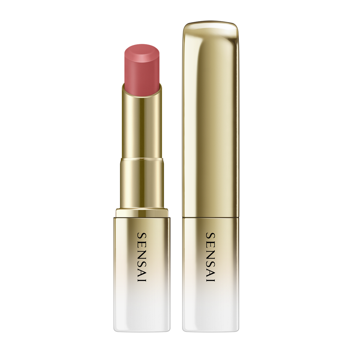 Sensai lipstick with gold casing on a white background.
