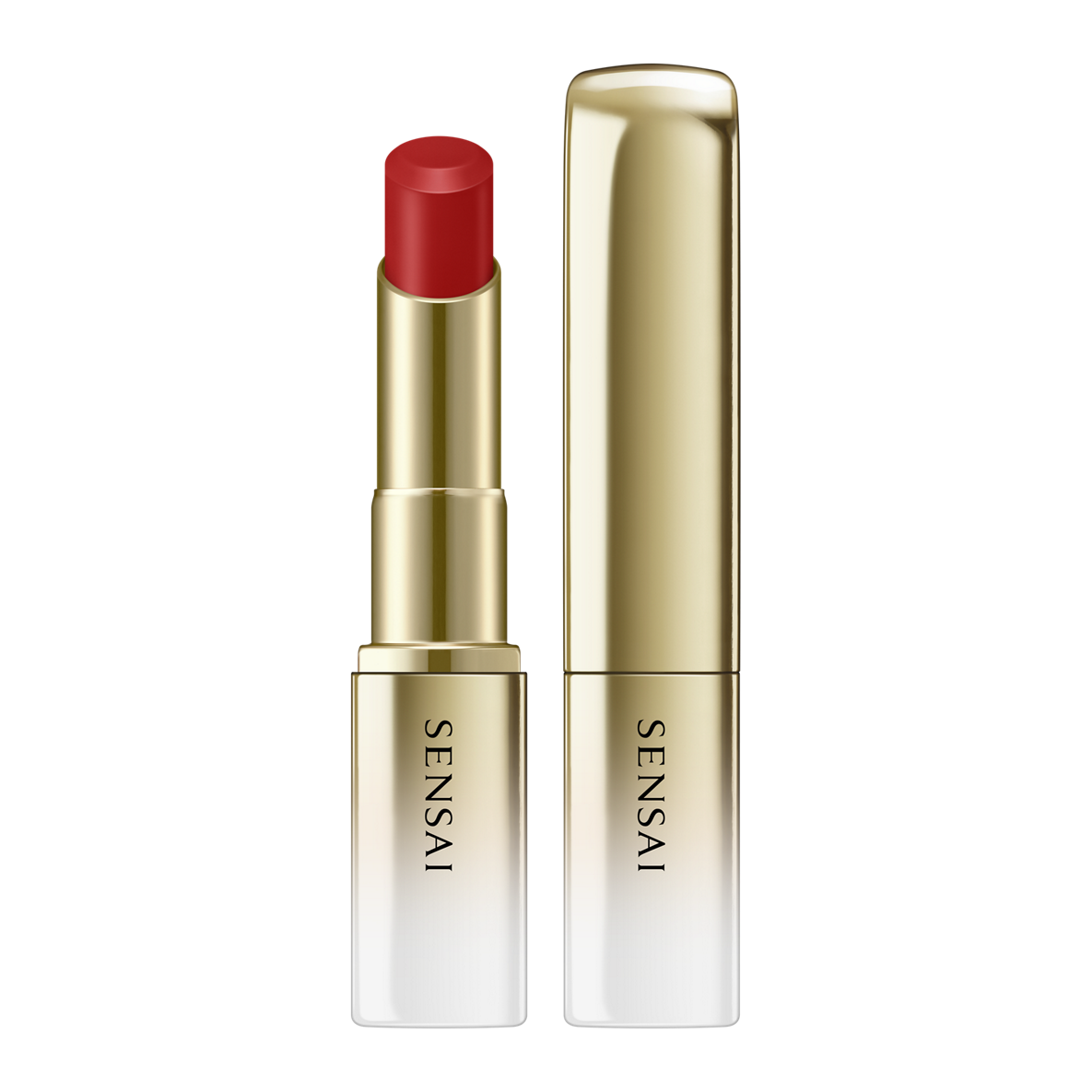 Sensai lipstick with red cap and gold casing on a white background.