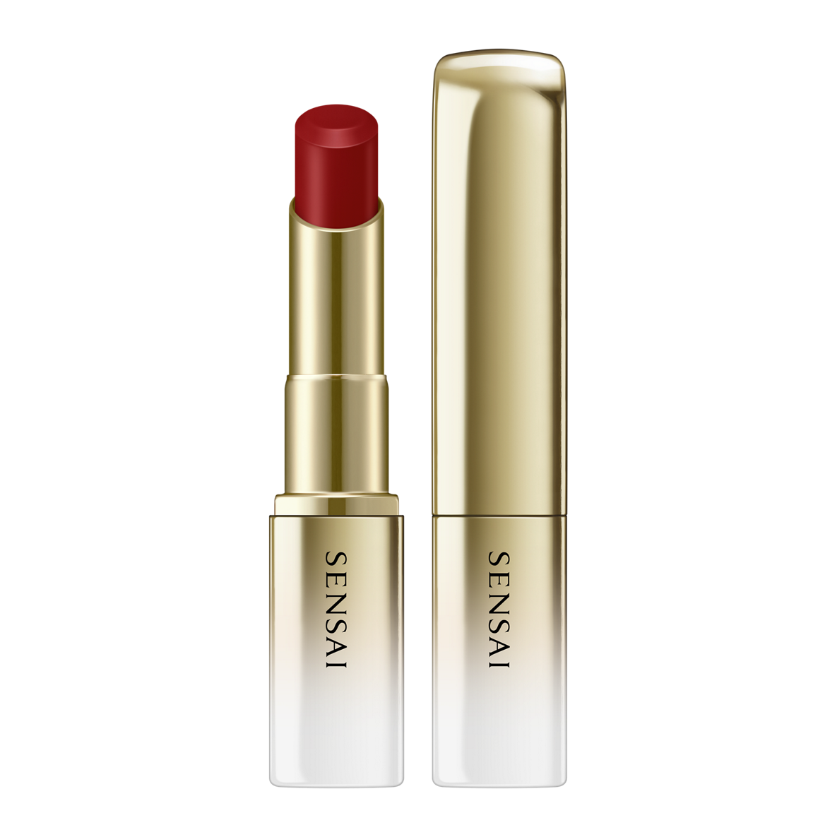 Sensai lipstick with red shade and gold casing on a white background.