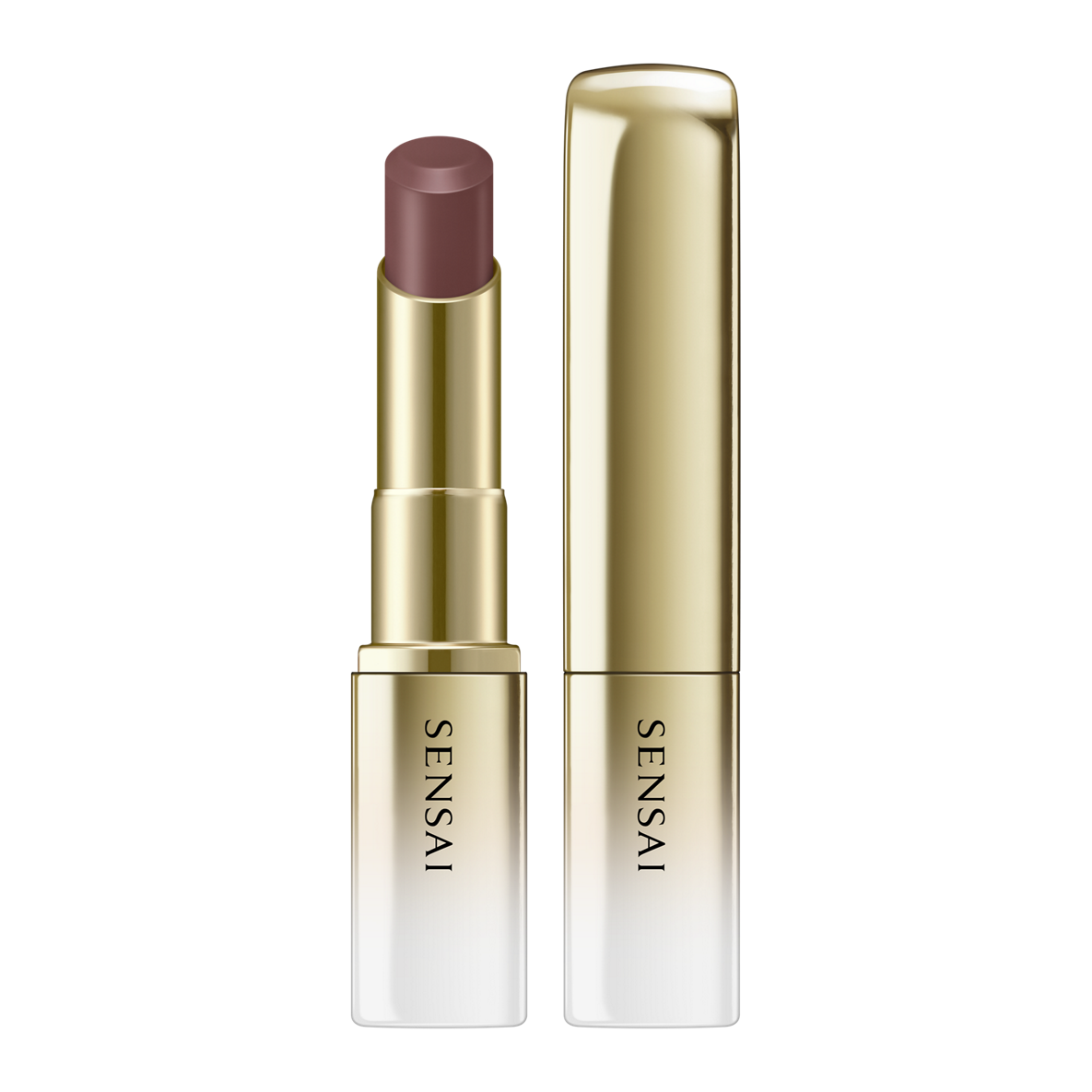 Sensai lipstick with gold casing on a white background.