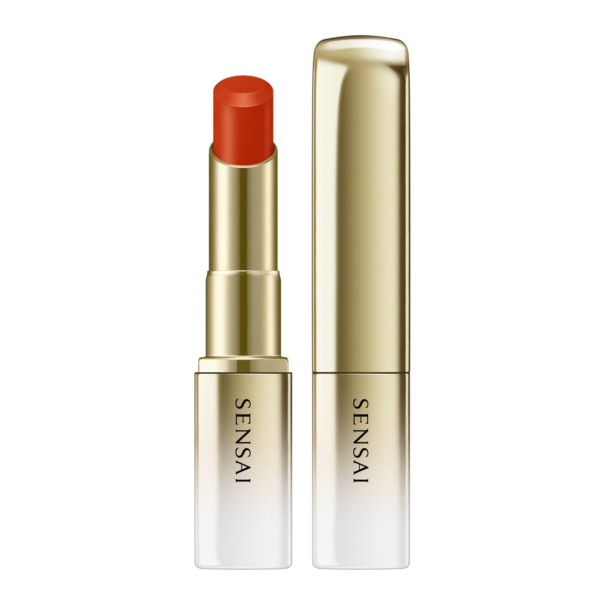 Sensai lipstick with red cap and gold casing on a white background.