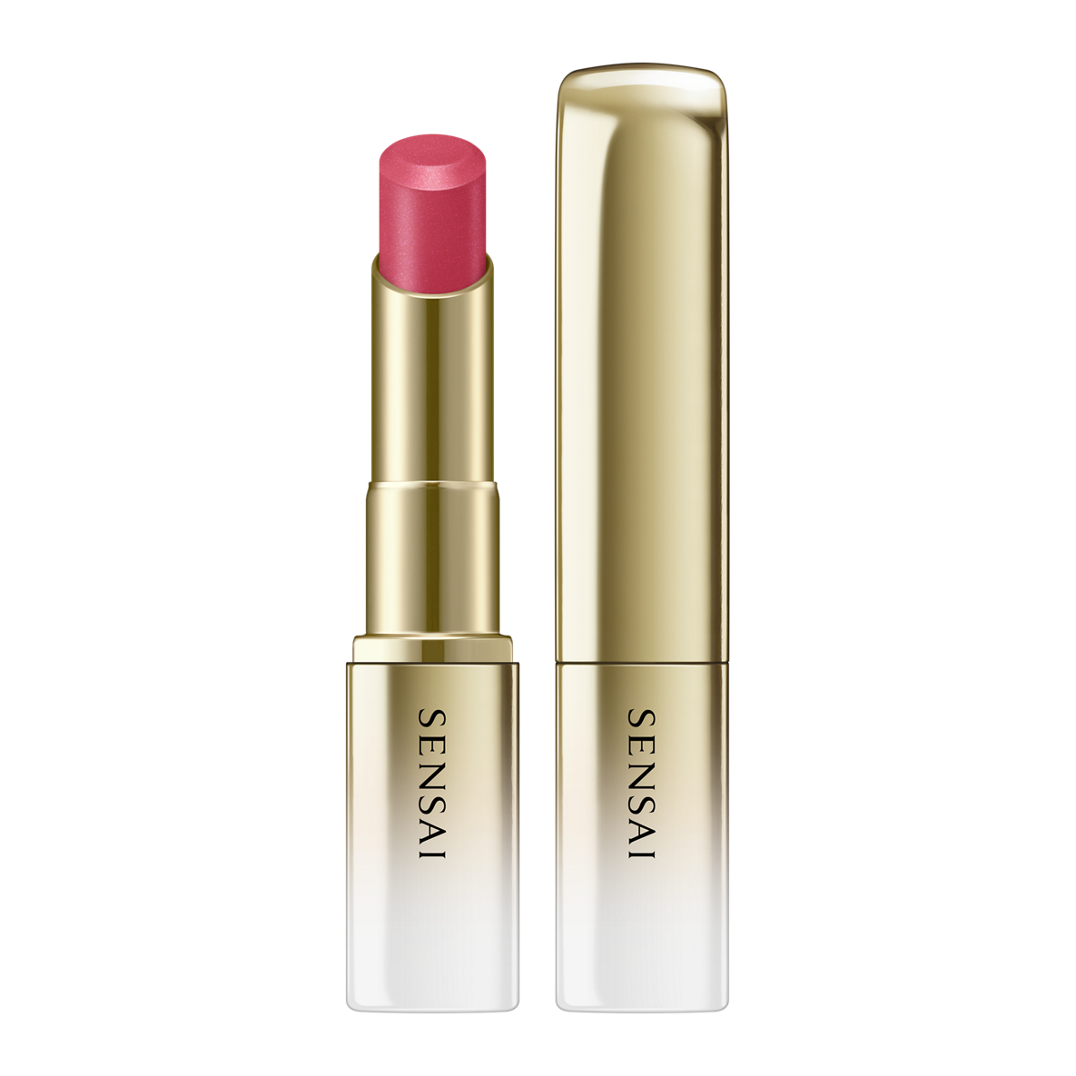 Sensai lipstick with gold casing on a white background.