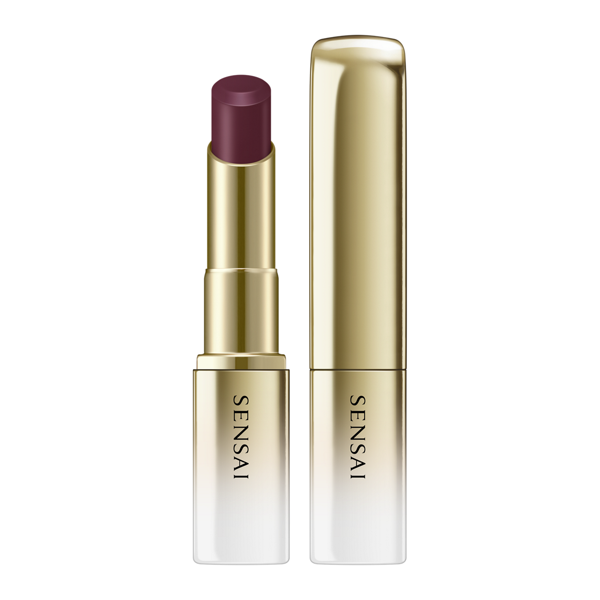 Sensai lipstick with gold casing and purple shade on a white background.