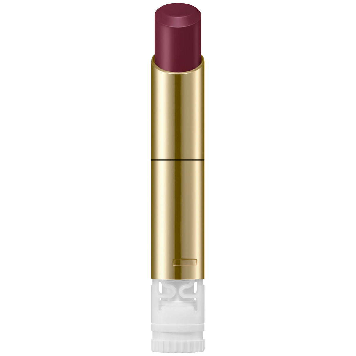 Sensai Lipstick with gold casing and purple shade on a white background. available in Blue Salon.
