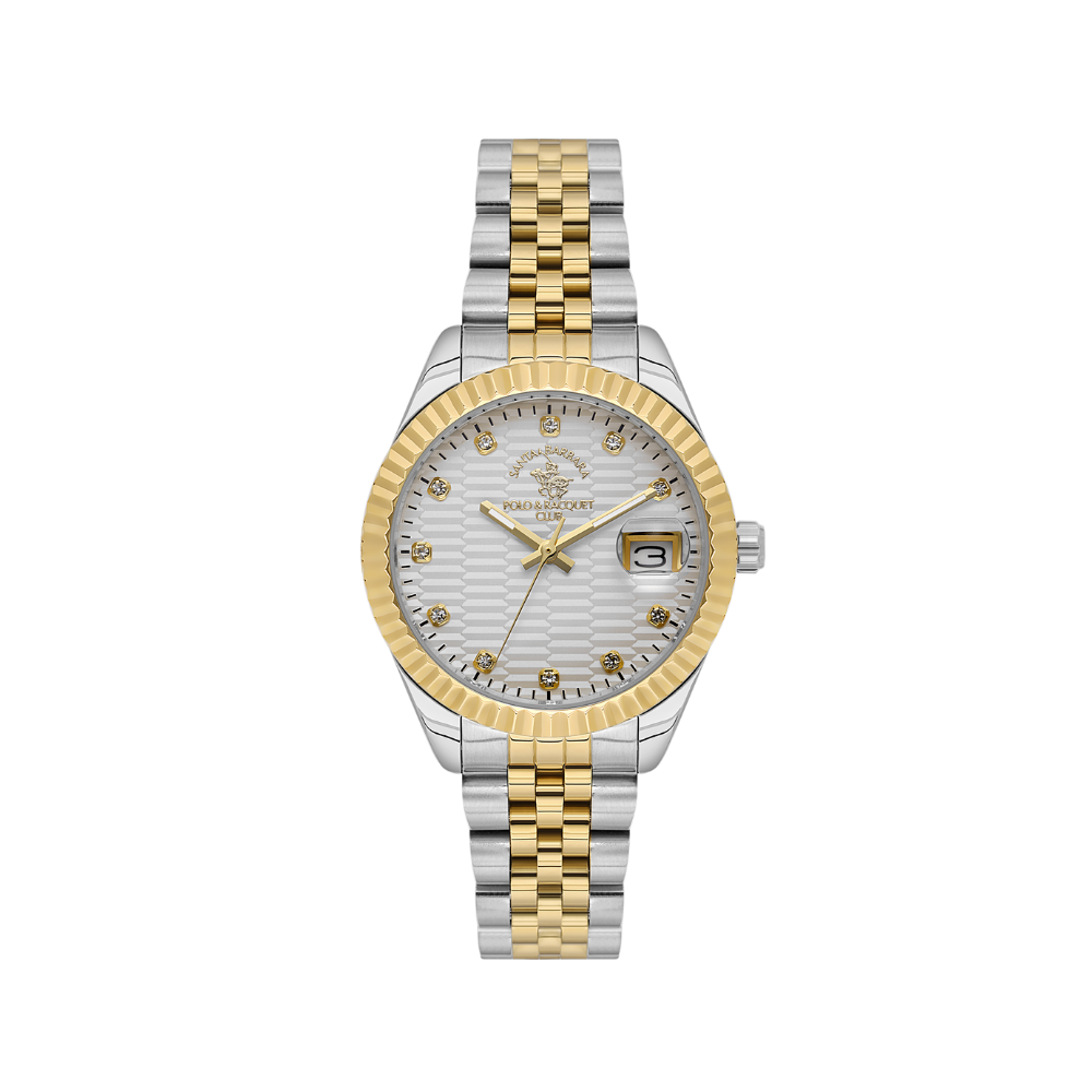 Silver-toned and gold-toned metal watch with a white textured dial, crystal hour markers, and a date window.