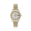 Silver-toned and gold-toned metal watch with a white textured dial, crystal hour markers, and a date window.