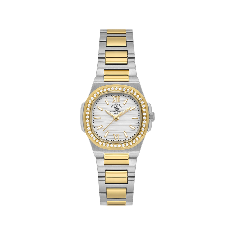 Silver-toned and gold-toned watch with a white textured dial, clear stone-set bezel, and two-tone metal bracelet.