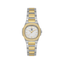 Silver-toned and gold-toned watch with a white textured dial, clear stone-set bezel, and two-tone metal bracelet.