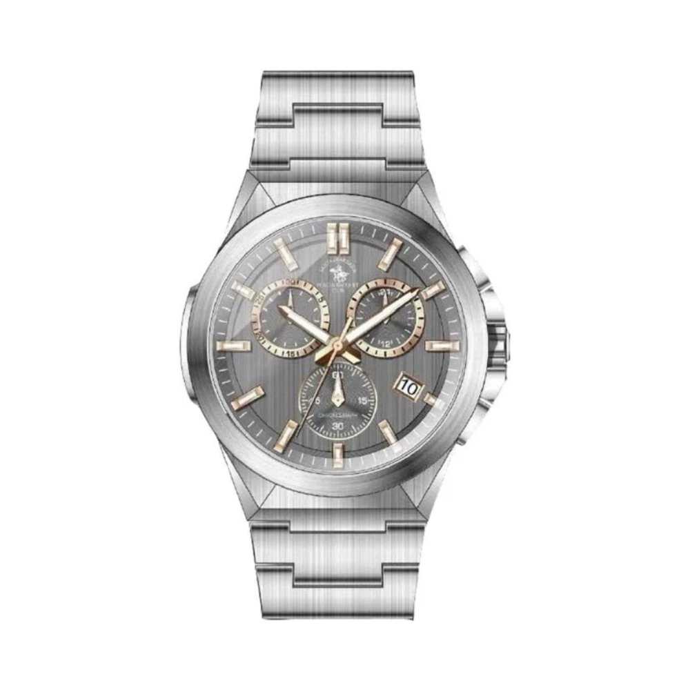 Silver-toned men's chronograph watch with a dark grey brushed dial, rose gold-toned accents, and a metal link bracelet.