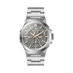 Silver-toned men's chronograph watch with a dark grey brushed dial, rose gold-toned accents, and a metal link bracelet.