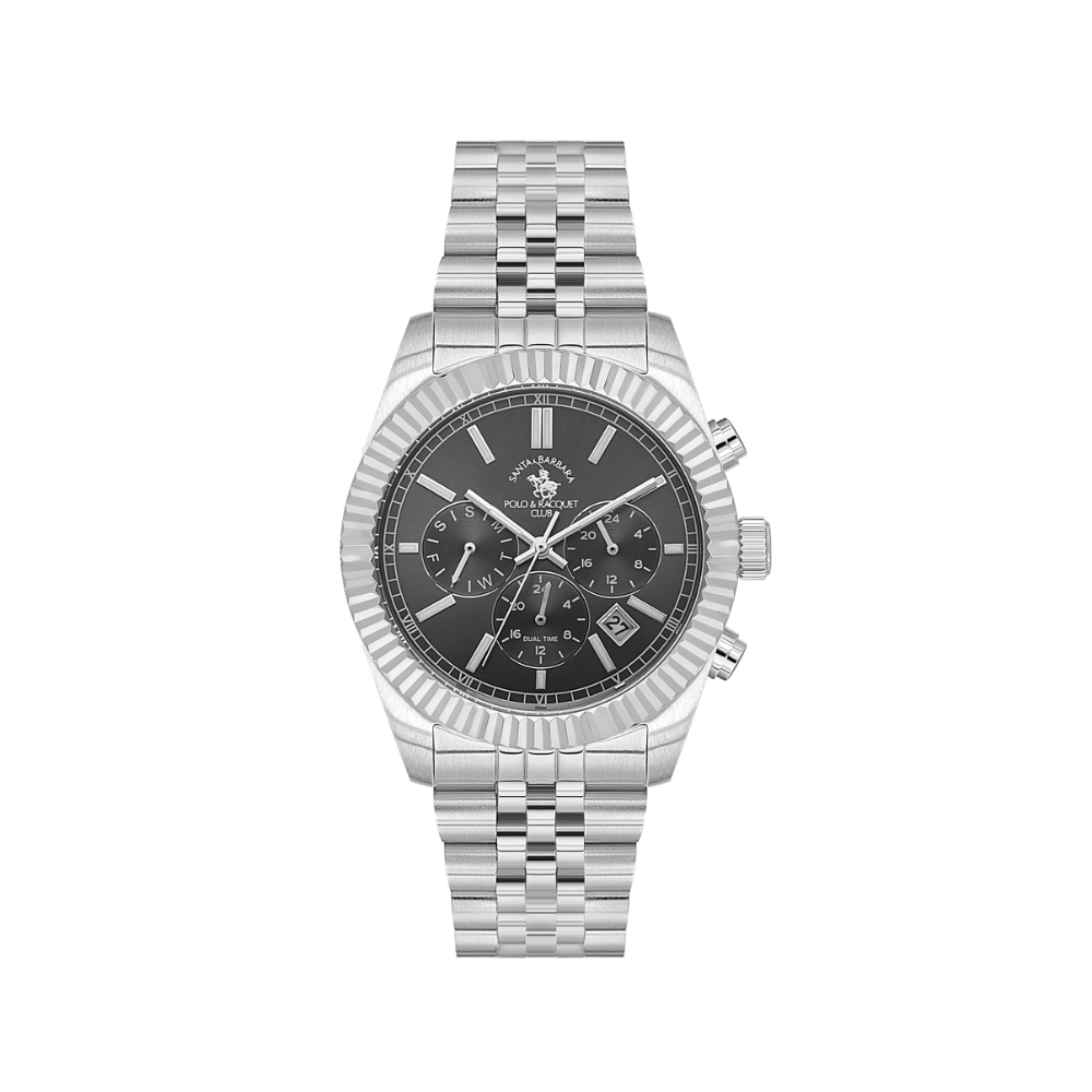 Silver-toned metal watch with a fluted bezel, dark grey dial, three sub-dials, date window, and a five-link bracelet.