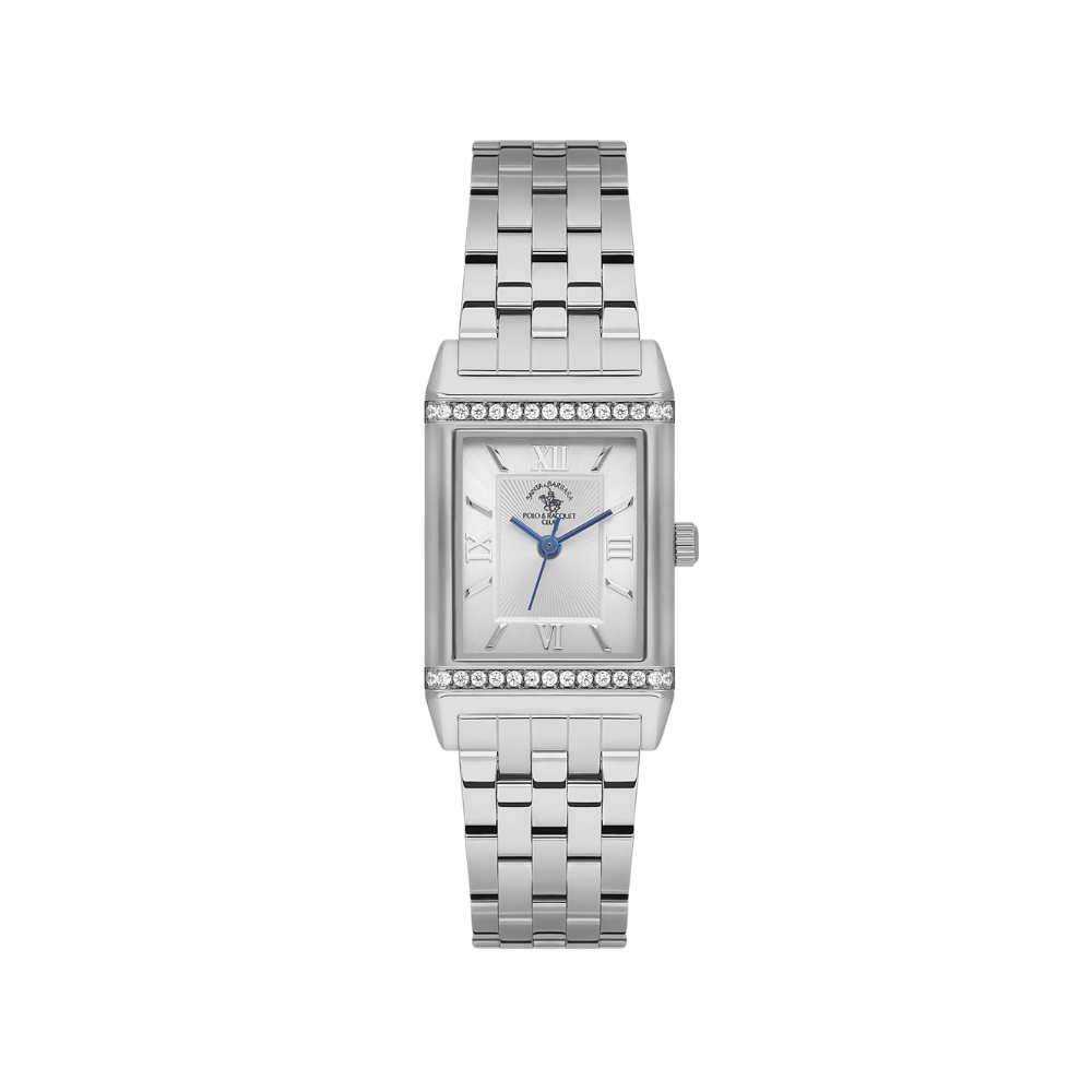 Silver-toned rectangular watch with a link bracelet, crystal-embellished bezel, and a textured dial with Roman numerals.